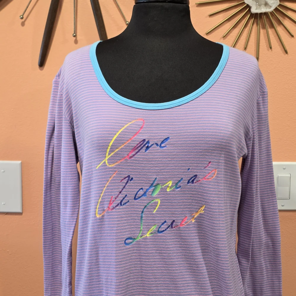 Victoria's Secret XS Cotton Nightgown Purple Striped Pajamas Rainbow Logo
